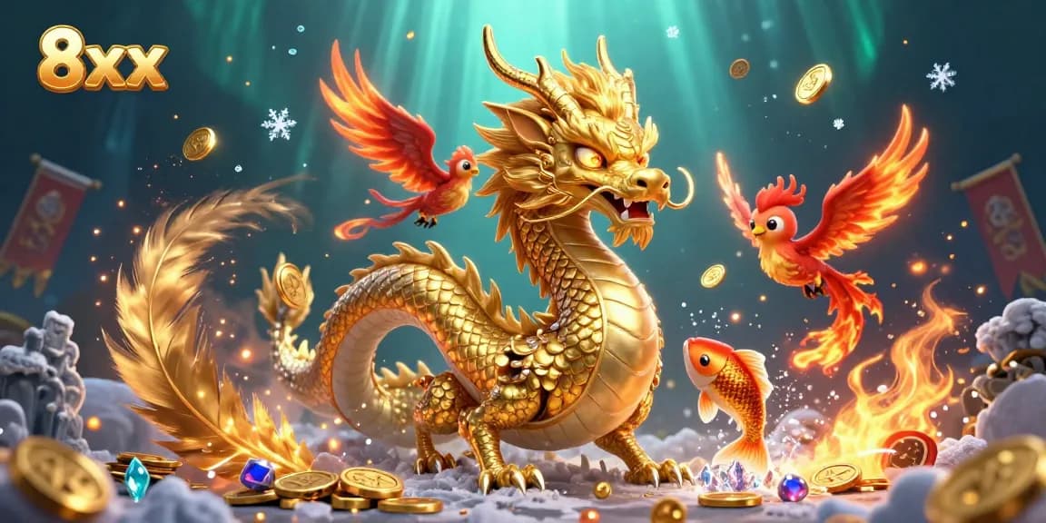 Join the 8xx gaming adventure as a golden dragon and phoenix bring luck to gamblers with a splash of coins.