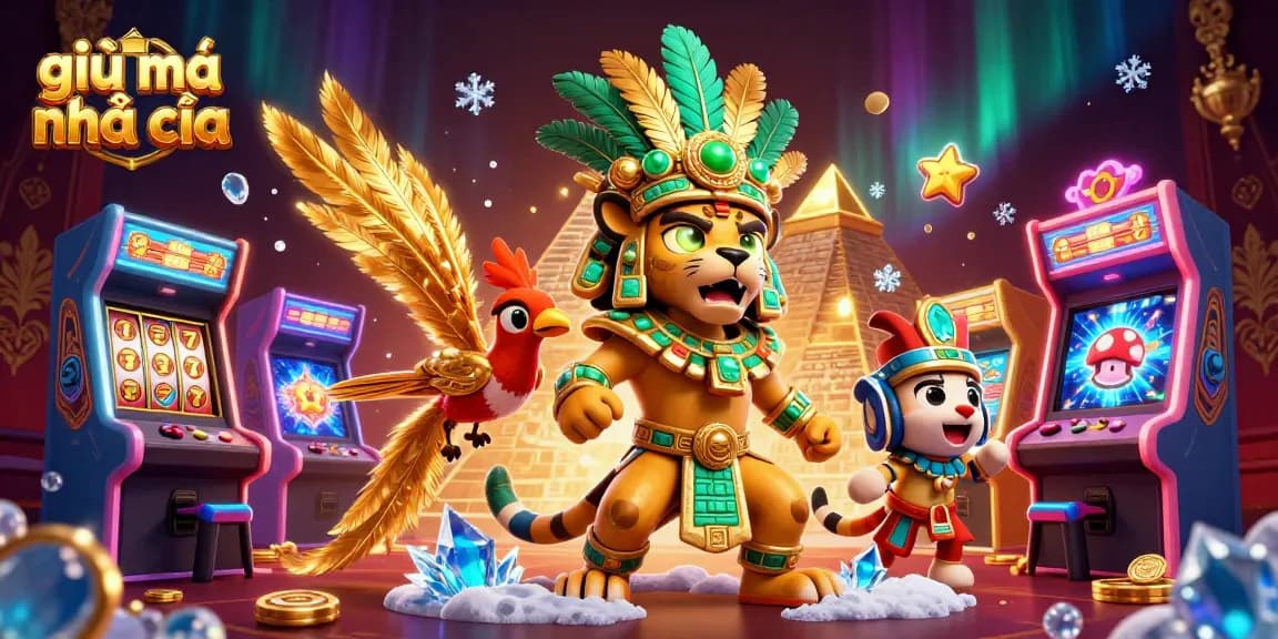 Experience the art of giải mã nhà cái with a vibrant scene featuring casino elements and a Mayan jaguar priest.