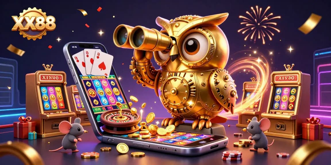 Experience the excitement of XX88 where a golden owl oversees vibrant casino action with colorful slot games and festive confetti.