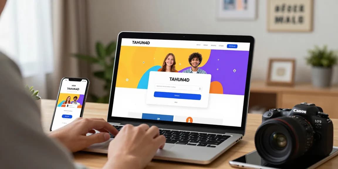 Pengguna tahun4d mengakses halaman login di laptop dengan tampilan modern di rumah.