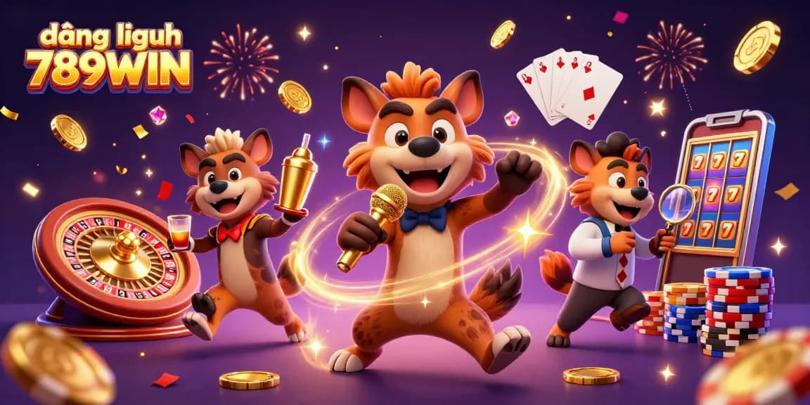 Experience the excitement with đăng nhập 789WIN in this vibrant 3D casino illustration featuring hyenas.