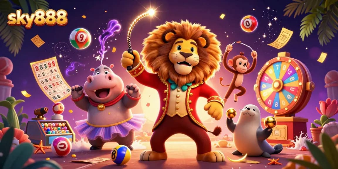 Engage in thrilling gameplay with sky888's vibrant lottery experience featuring circus characters.