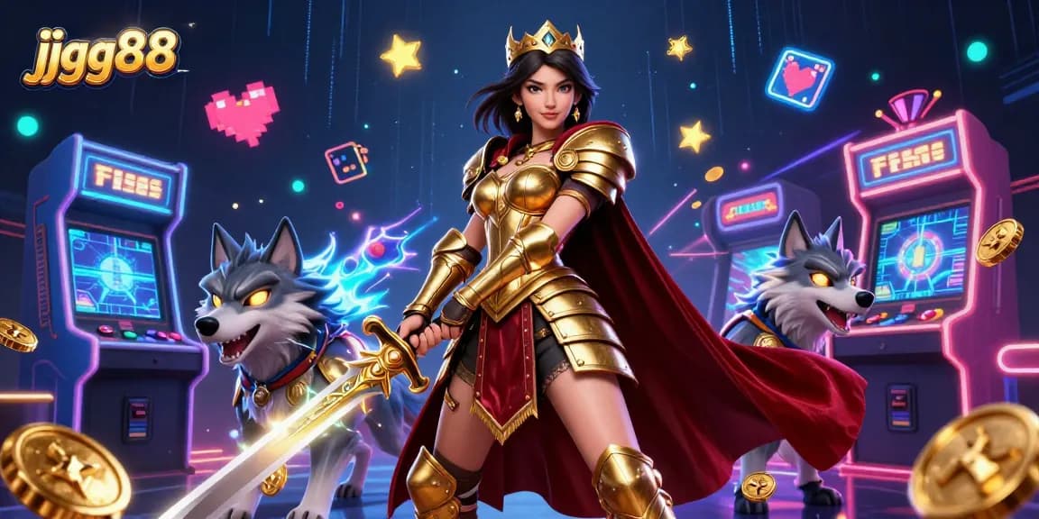 Engage in thrilling adventures at jjgg88, featuring a warrior queen with a glowing wolf amidst colorful gaming elements.