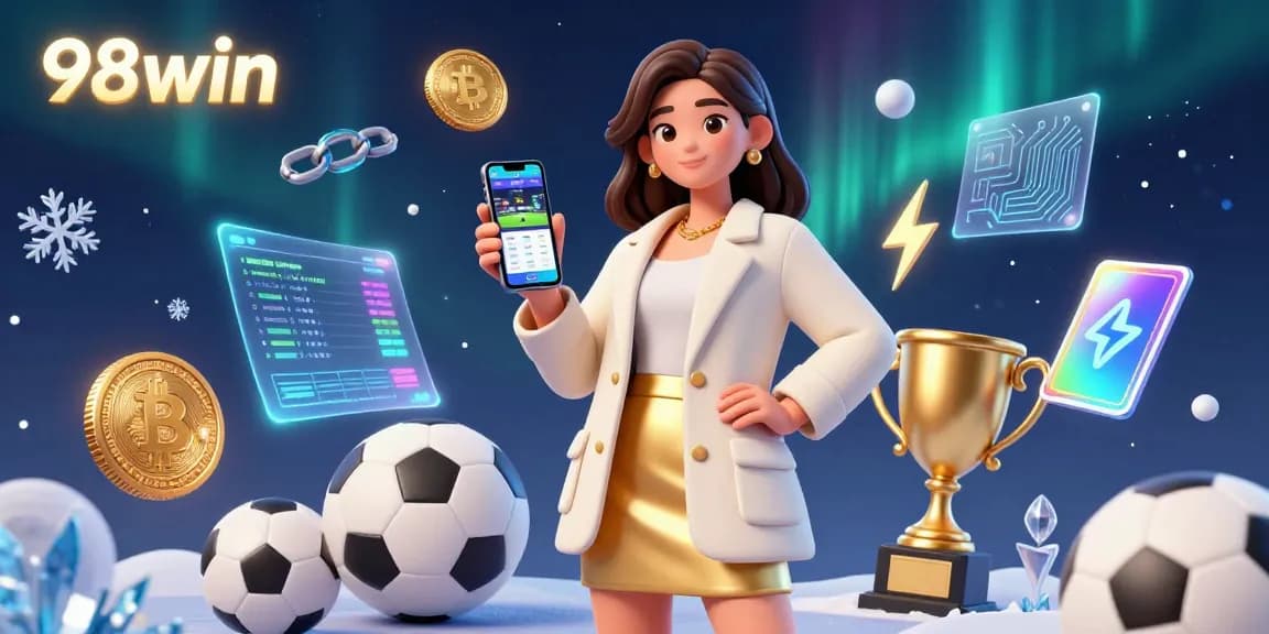 Experience thrilling sports betting at 98win with a beautiful Asian woman showcasing a betting app in a vibrant 3D casino.