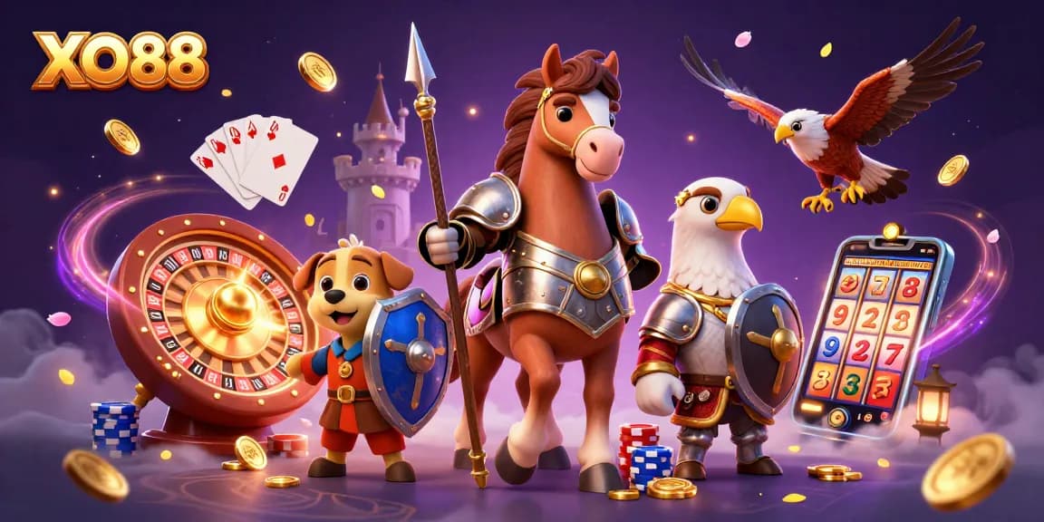 Play the vibrant casino games at XO88 featuring a knight, squire, and falcon with excitement.
