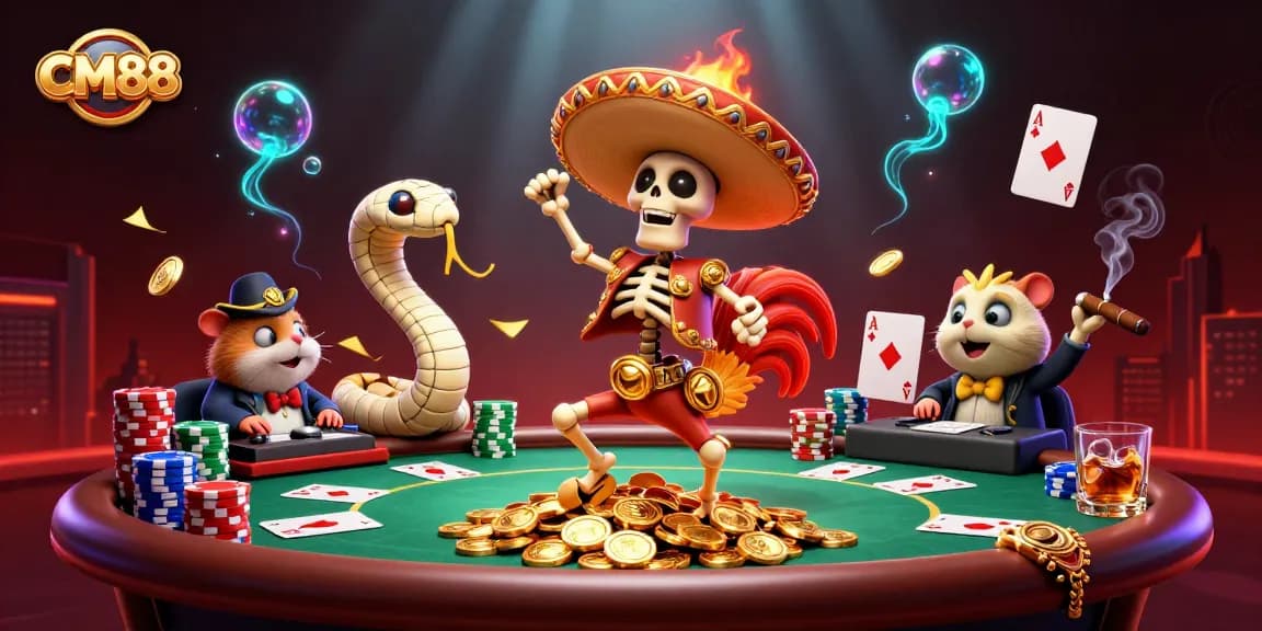 Experience the excitement of CM88 with a lively illustration featuring a dancing skeleton mariachi, a mummy snake, and a DJ hamster amidst poker elements.