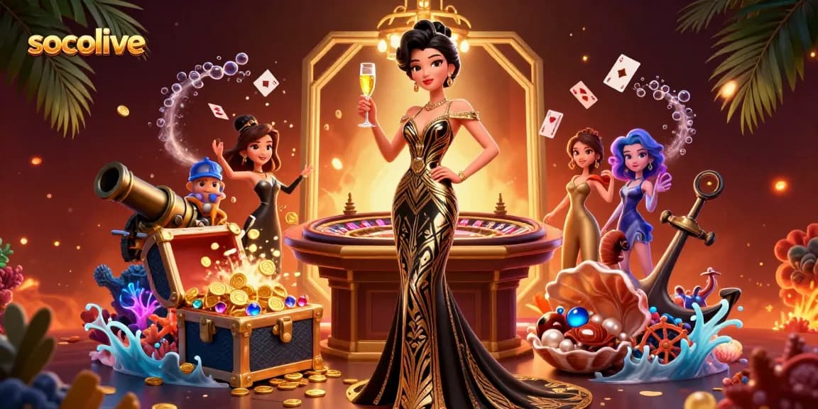 Socolive showcases a glamorous live casino scene, featuring a stylish Asian woman with a roulette table and vibrant gaming atmosphere.