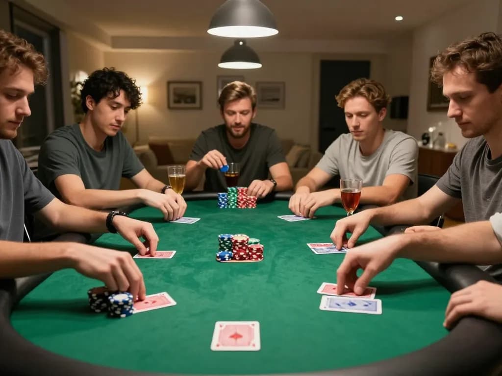 Players engaging in a poker game at home, showcasing strategies and camaraderie at 789betcom.