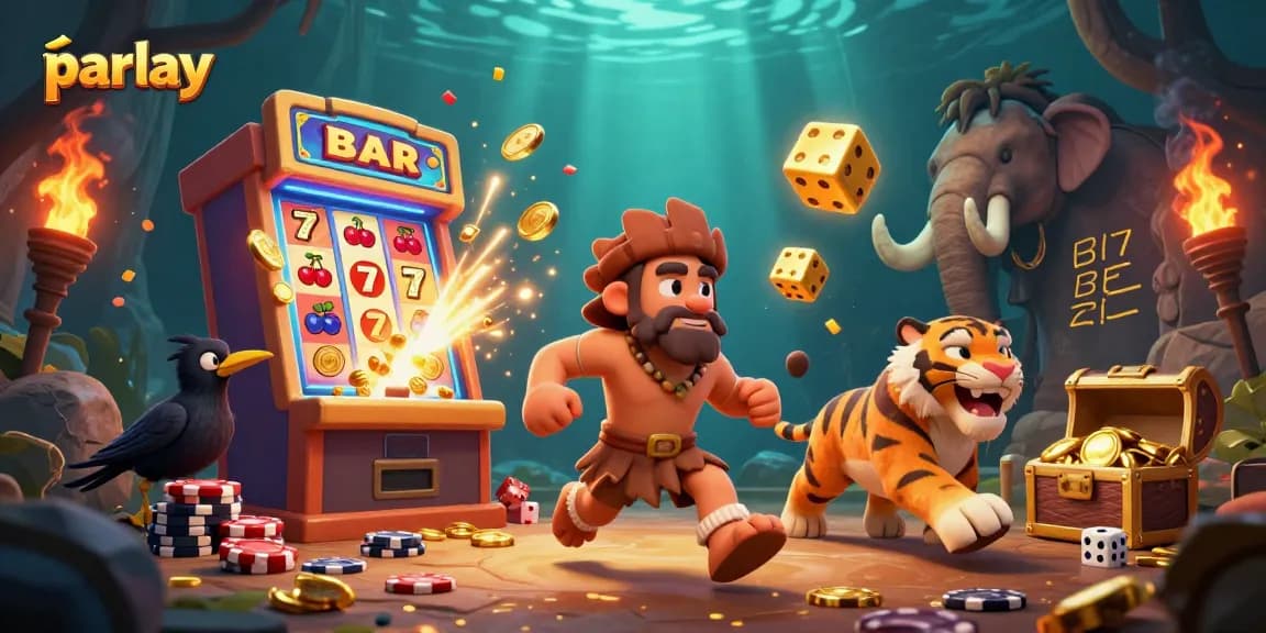Engage in parlay betting at a dynamic prehistoric casino with cavemen and sabertooth tigers.
