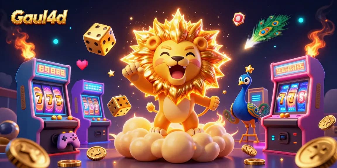 Experience the thrill of Gaul4d with a captivating 3D casino art featuring a triumphant lion and golden elements.
