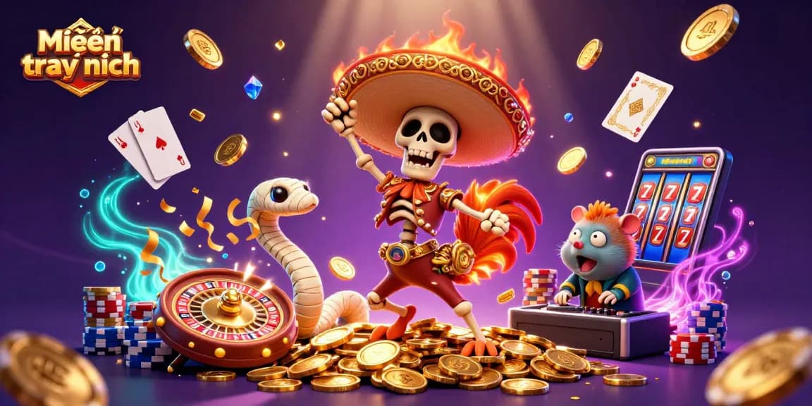 Miễn trừ trách nhiệm showcases vibrant characters celebrating a casino win with coins and gems flying in a festive atmosphere.
