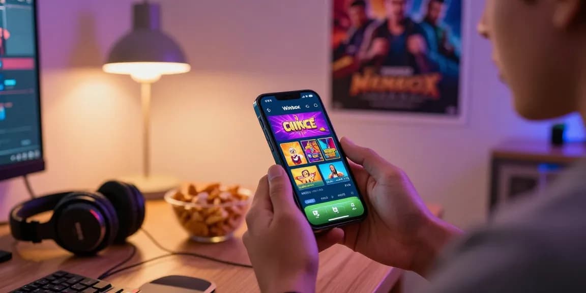 Winbox download on smartphone in a cozy gaming setup with vibrant graphics and accessories.