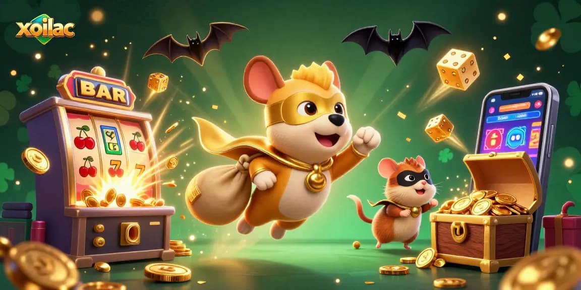 Experience the thrill of sports betting with xoilac's dynamic superhero dog and casino elements in this vibrant illustration.