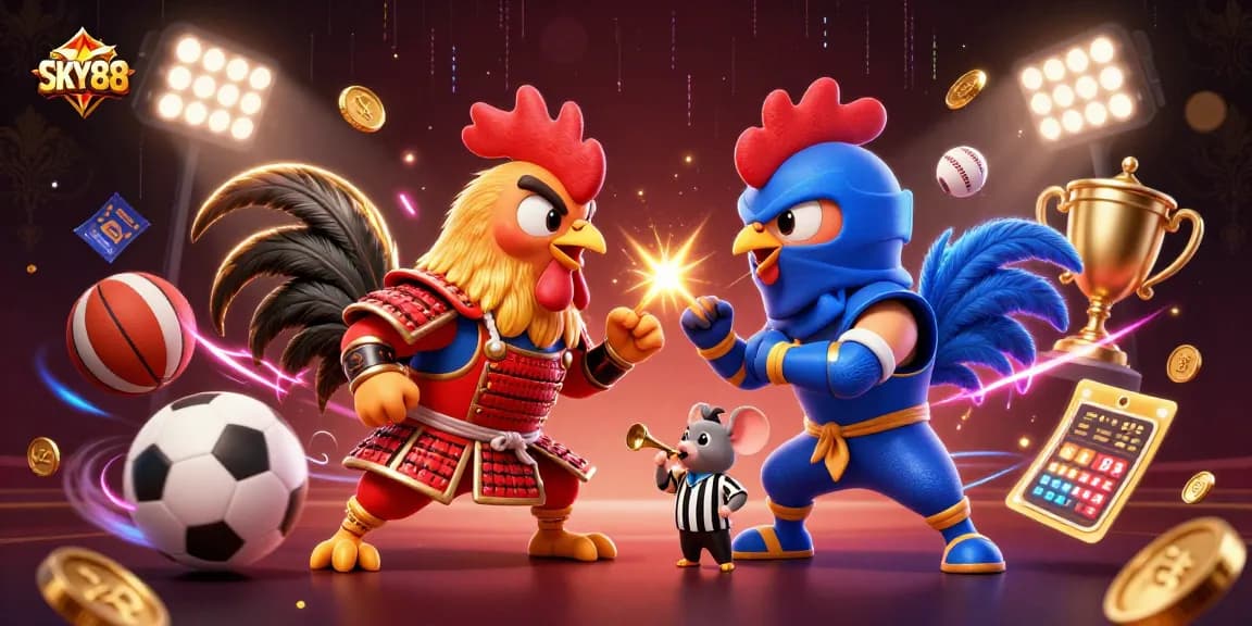 Engage in thrilling gaming action with SKY88 showcased in a dynamic casino-themed illustration.
