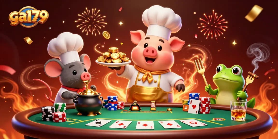 Experience the excitement of ga179 with 3D chef pig, mouse sous-chef, and frog critic amid vibrant casino action.