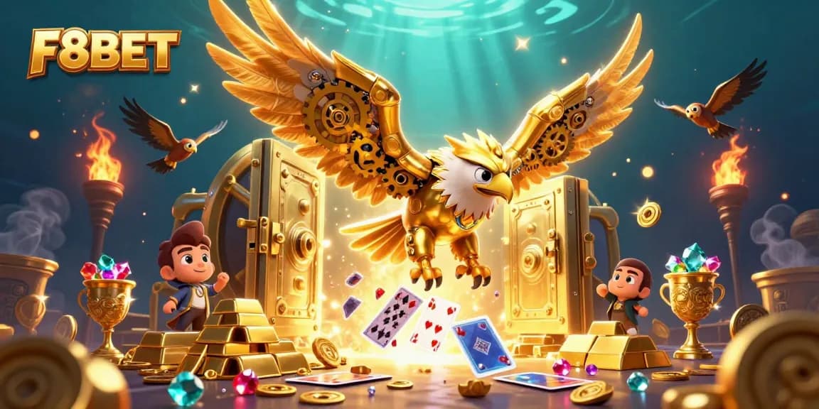 Experience F8BET's thrilling casino world, featuring vibrant gaming scenes and a golden eagle motif.