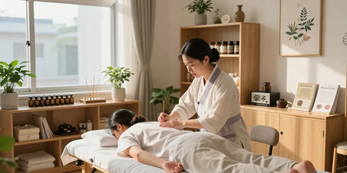 Healing session at a 수원한의원, featuring acupuncture treatment in a tranquil wellness environment with herbal remedies.