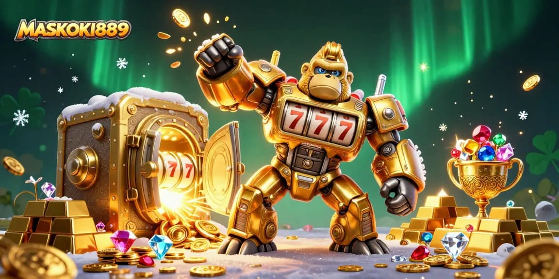 Engage with thrilling spins at MASKOKI889 featuring a dynamic golden gorilla mech and jackpots.