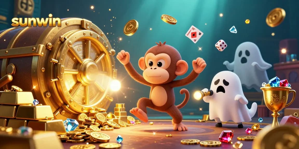 Experience excitement at sunwin with a playful ghost and puppy hunting for treasure in a haunted casino scene.