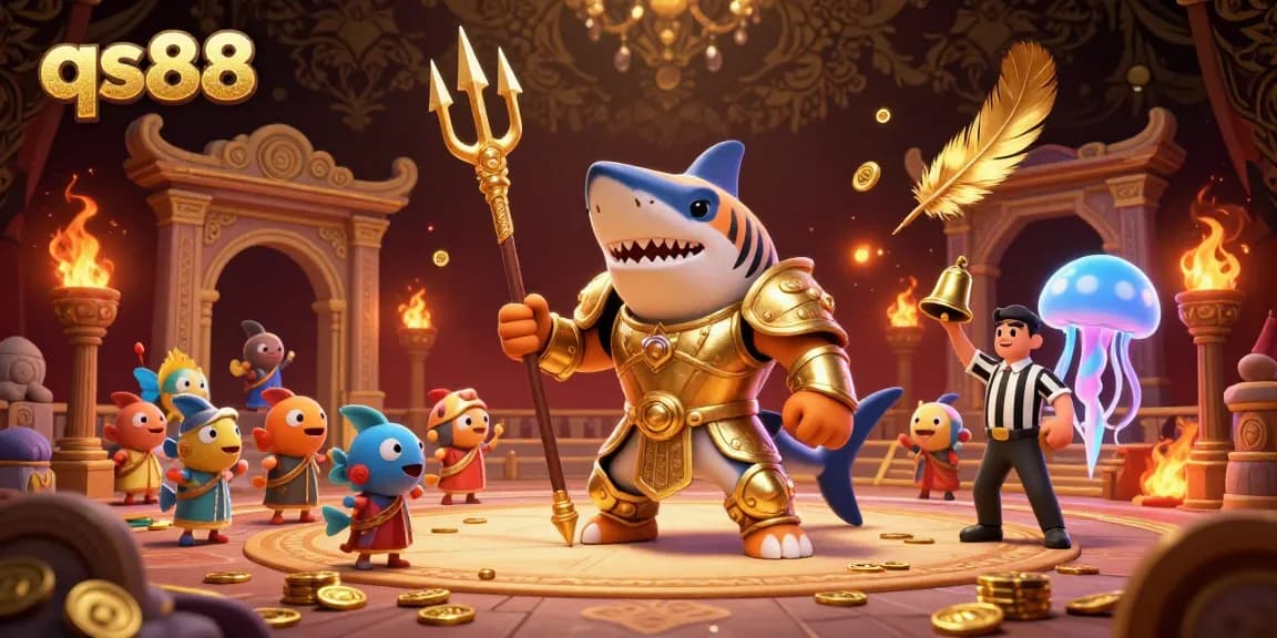 Engage with qs88 action in an underwater colosseum featuring a golden armed tiger shark.