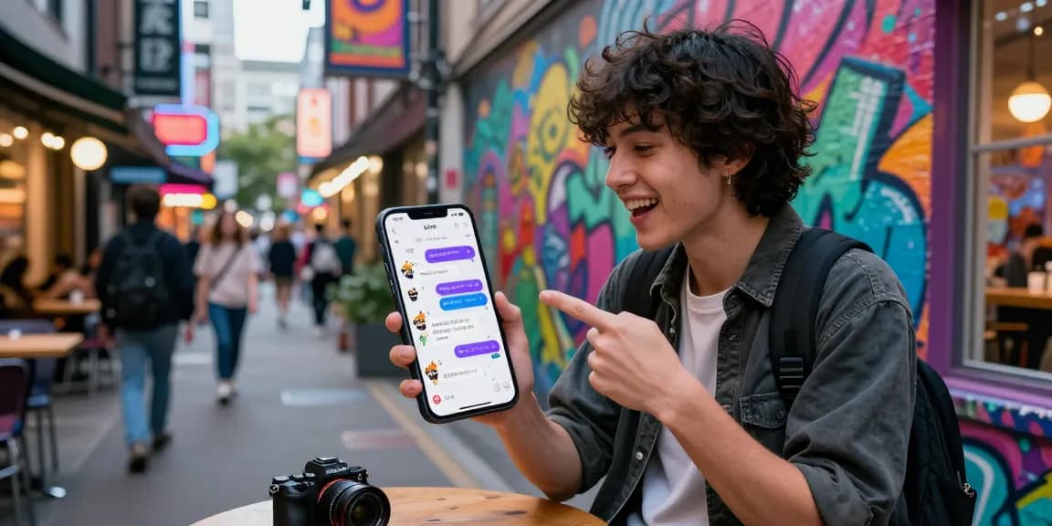 Engaging in ai ecchi chat on smartphone in vibrant urban setting with colorful graffiti, showcasing lively AI character interaction.