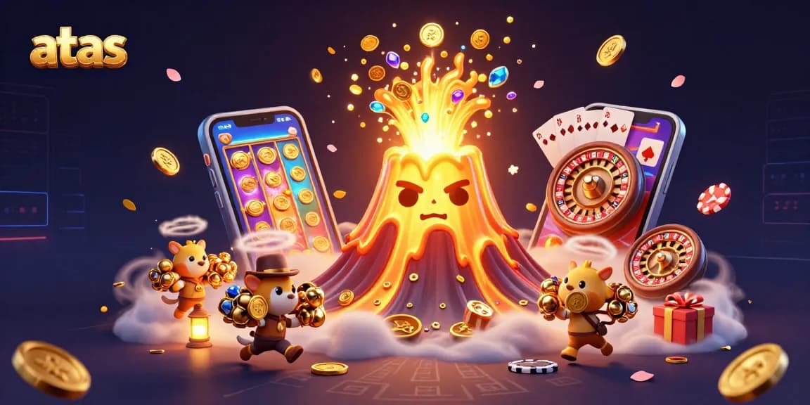 Experience exciting wins at atas casino with a vibrant 3D scene filled with treasures and gaming elements.
