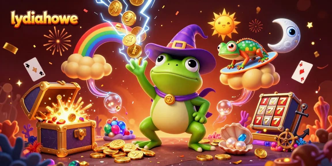 Lydiahowe creates excitement in a vibrant casino scene with golden coins, slot symbols, and magical characters.