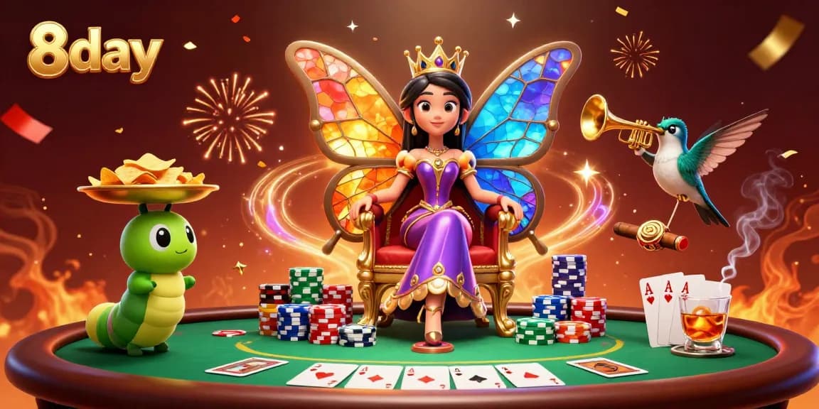 Experience the vibrant joy of playing 8day poker with a dazzling butterfly queen amidst colorful chips.