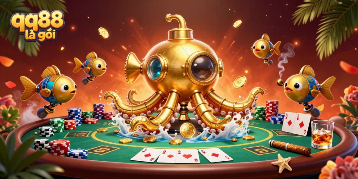 Engage in thrilling gameplay as qq88 là gì features a dynamic scene with a kraken submarine amidst poker elements.