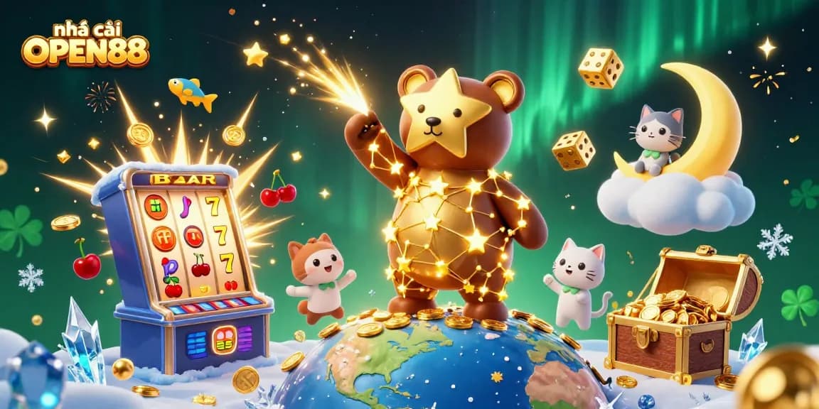 Reveal jackpots and winnings at nhà cái OPEN88 with this colorful, dynamic 3D gaming scene.