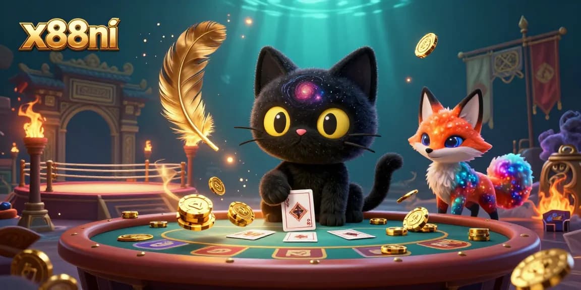 Join the cosmic casino adventure at x88ni with a black hole cat and colorful fox, winning golden chips.