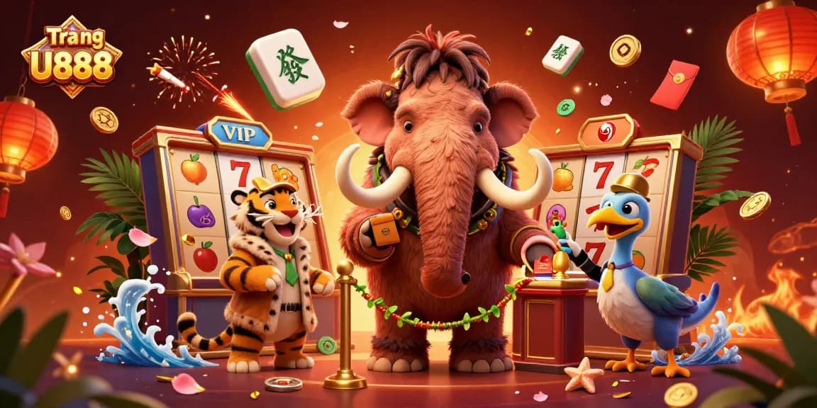 Experience Tra ng chủ U888 with a mammoth bouncer, tiger VIP, and vibrant slot reels in a dynamic casino scene