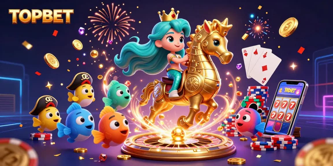 Experience exciting betting action with TOPBET as a mermaid princess rides a seahorse amidst casino elements.