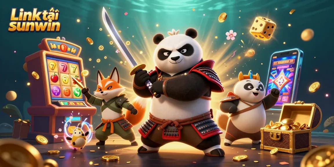 Play exciting games with Link tải sunwin, featuring samurai panda, ninja fox, and magical tanuki in a vibrant casino scene.