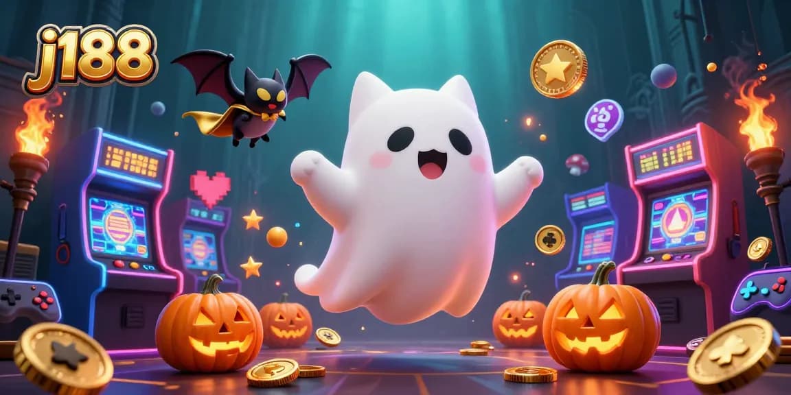 Experience j188 thrills with a ghost cat and vampire bat in a vibrant haunted casino scene.