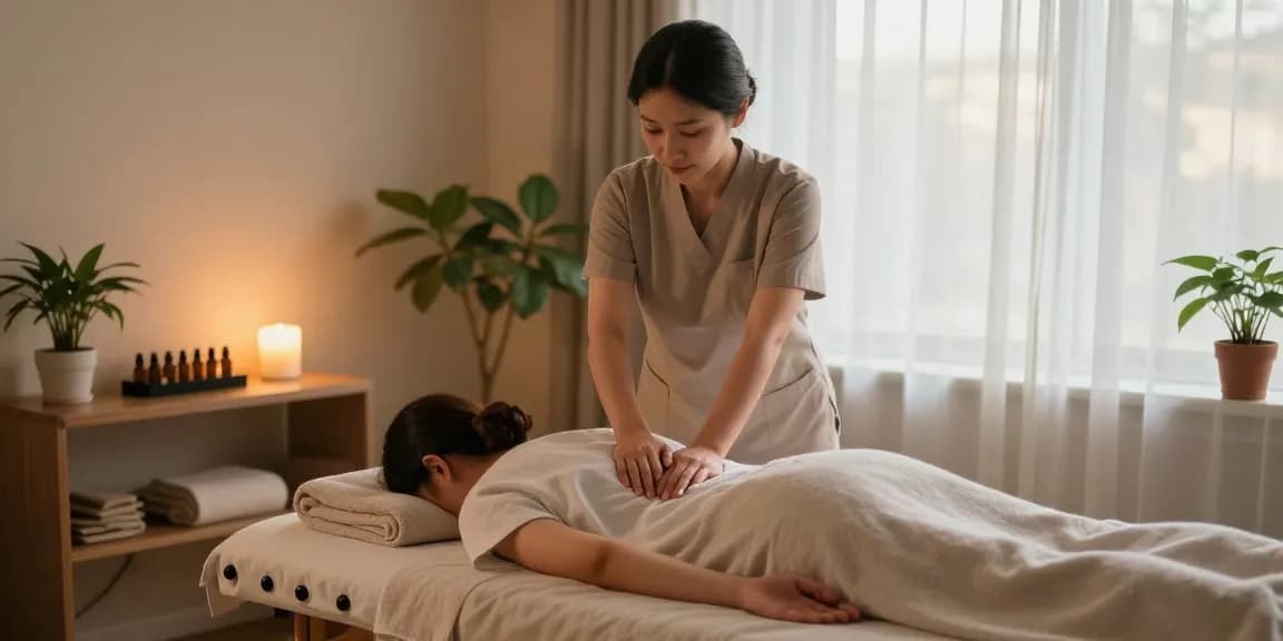 마사지 테라피가 진행되는 아늑한 스튜디오 내부
