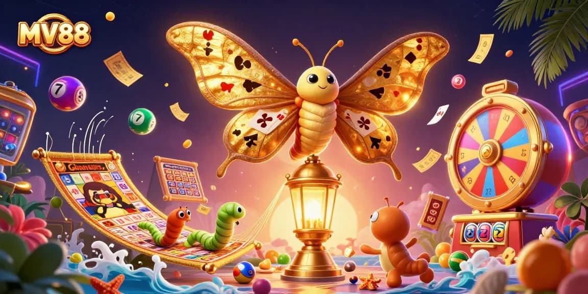 Experience vibrant casino excitement with MV88, showcasing dynamic lottery elements and golden motifs.