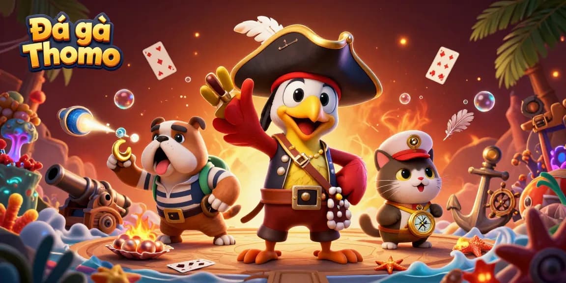 Experience Đá gà Thomo with pirate-themed excitement and lively betting action in a dynamic scene.
