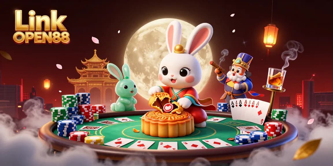 Join the fun at Link OPEN88 with a lively casino scene featuring dynamic poker action and vibrant characters.