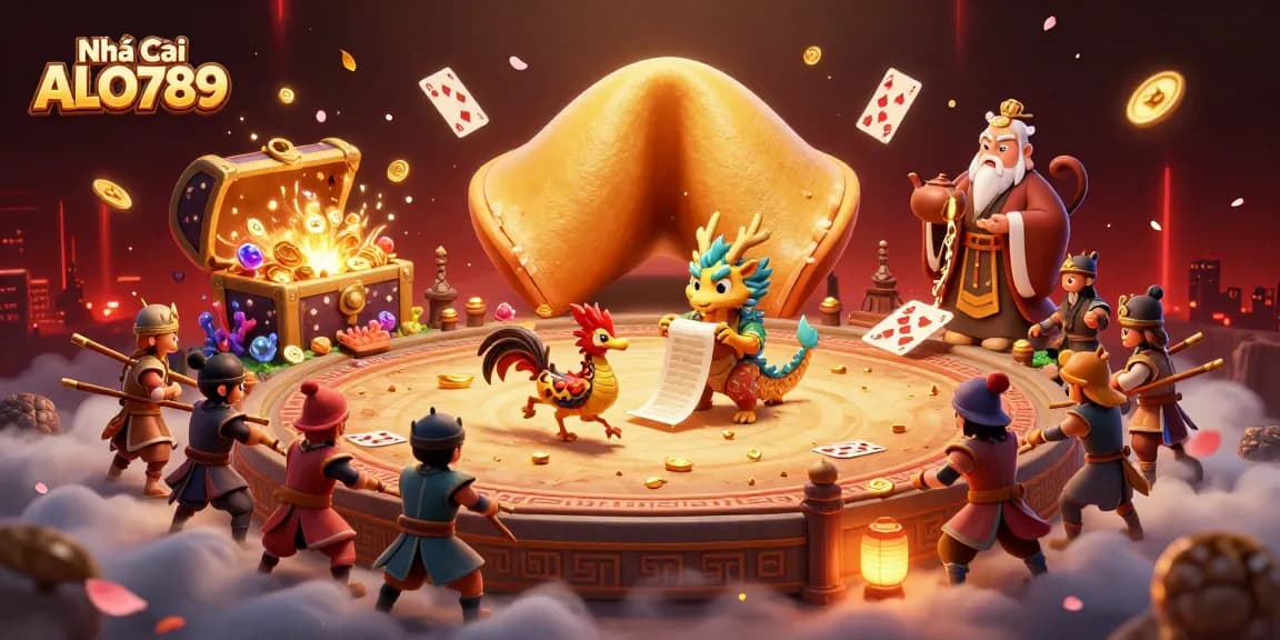 Experience the thrilling action of Nhà Cái ALO789 in a vibrant cockfighting arena with dynamic illustrations and rich details.