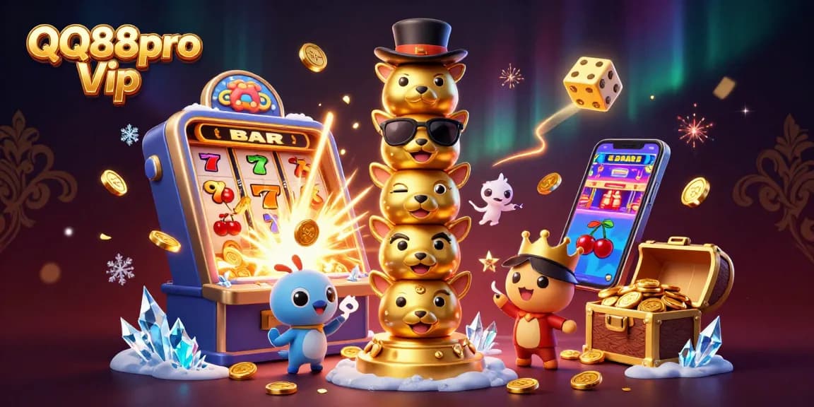 Play exciting casino games at QQ88pro Vip with vibrant illustrations of slots and fun casino elements.