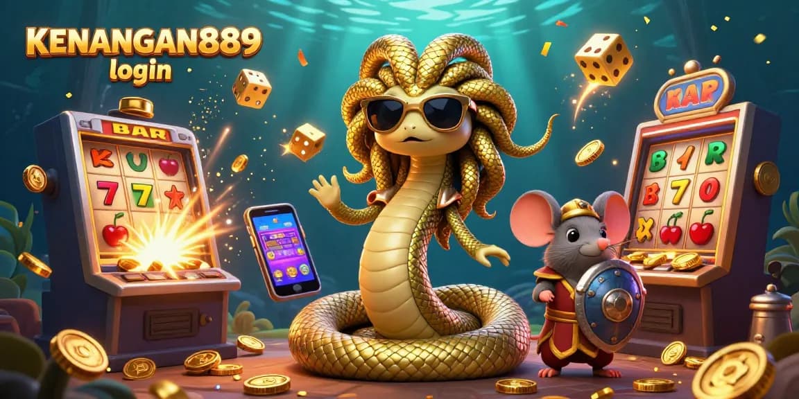 Experience the excitement of KENANGAN889 login through a vibrant casino-themed illustration bursting with jackpots.