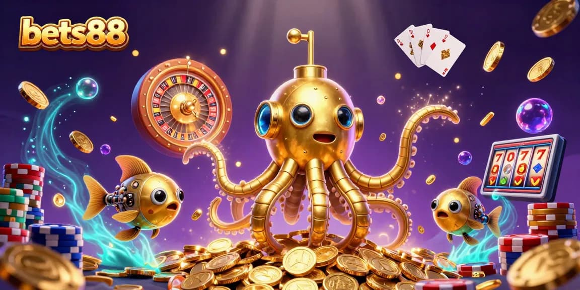 Experience the excitement of bets88 as the golden kraken submarine emerges from golden coins in this vibrant illustration.
