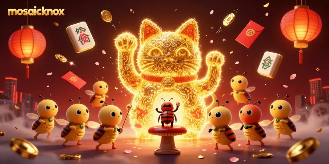 Experience the excitement of mosaicknox with dynamic symbols of luck and fortune in this casino-themed illustration.