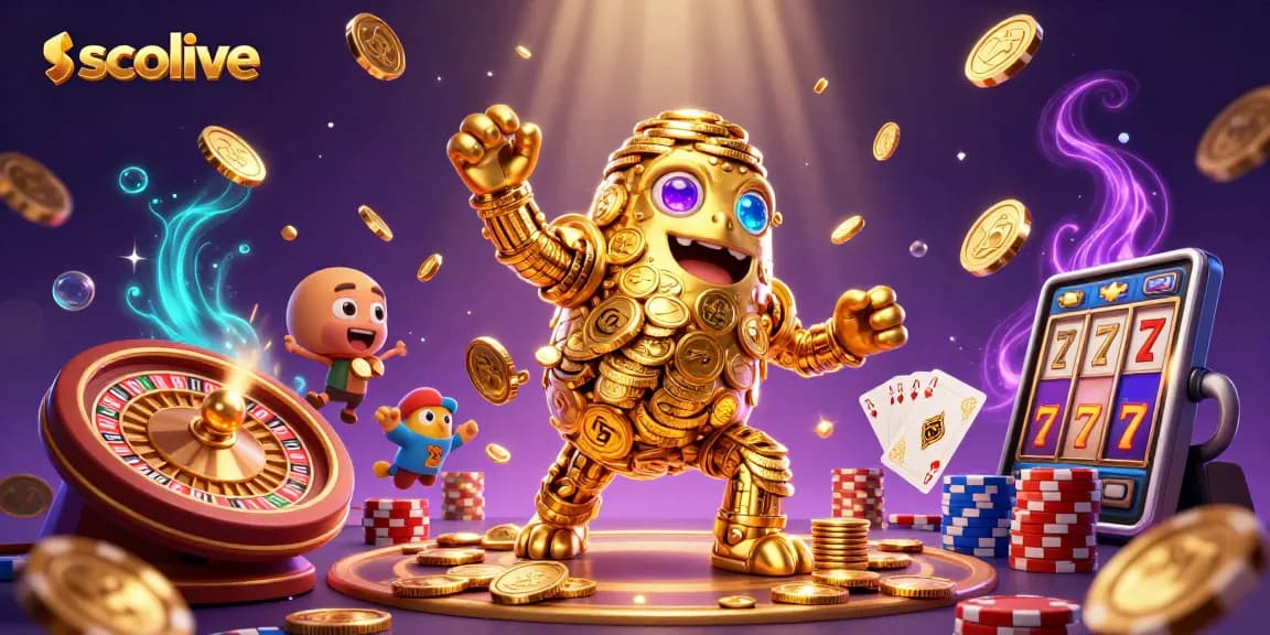 Socolive offers an engaging sports betting experience with vibrant visuals of casino elements and a gold golem.