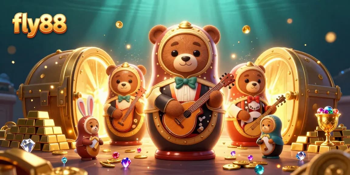 Experience thrilling wins at fly88 with a vibrant casino scene featuring animated bears and gems.