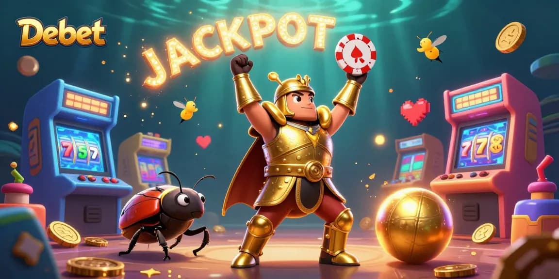 Debet showcases a victorious hercules beetle with poker chips among slots, celebrating jackpot wins.