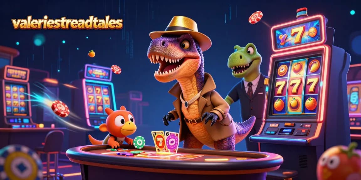 valeriesthreadtales unveils a cartoon velociraptor at a slot machine, surrounded by lucky symbols and fun