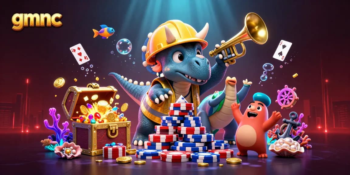 gmnc promotes a vibrant gambling community with 3D characters celebrating their poker chip victories in an underwater scene.