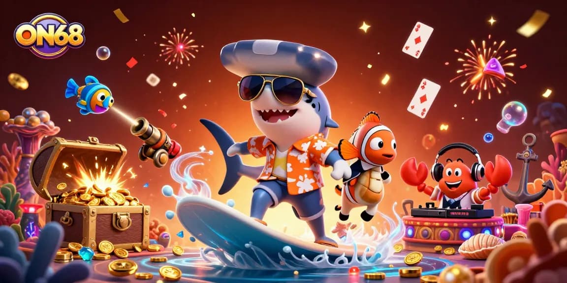 Experience ON68 with thrilling underwater adventures featuring a shark surfing on gold coins and a crab DJ.